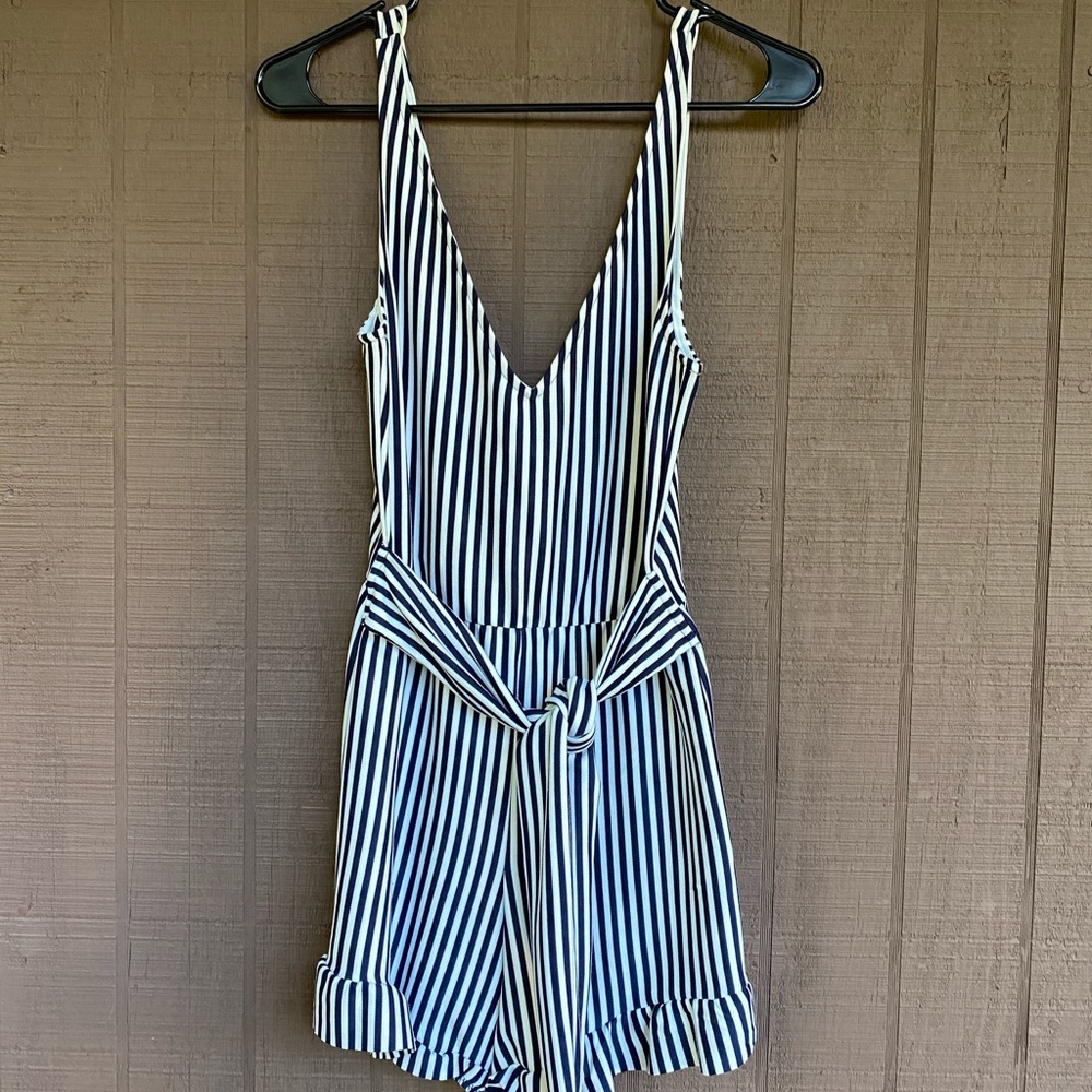 Zara Navy/ White Stripped Ruffled Bottom Romper